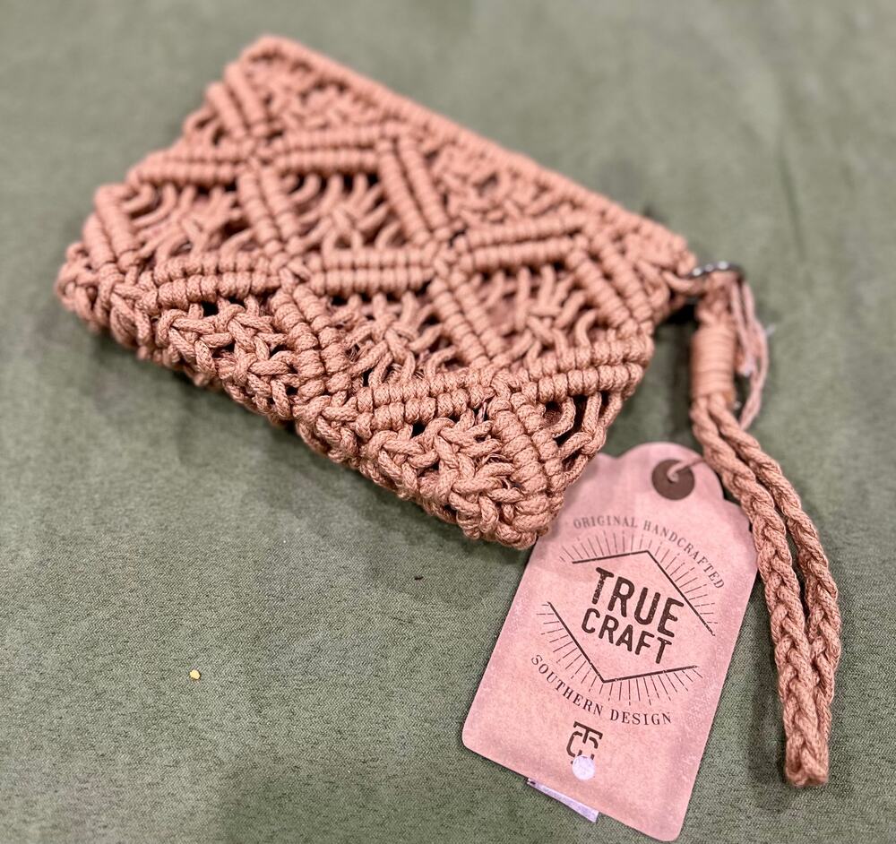 NWT True Craft Handcrafted Crotchet Tan Wristlet/Clutch Handbag